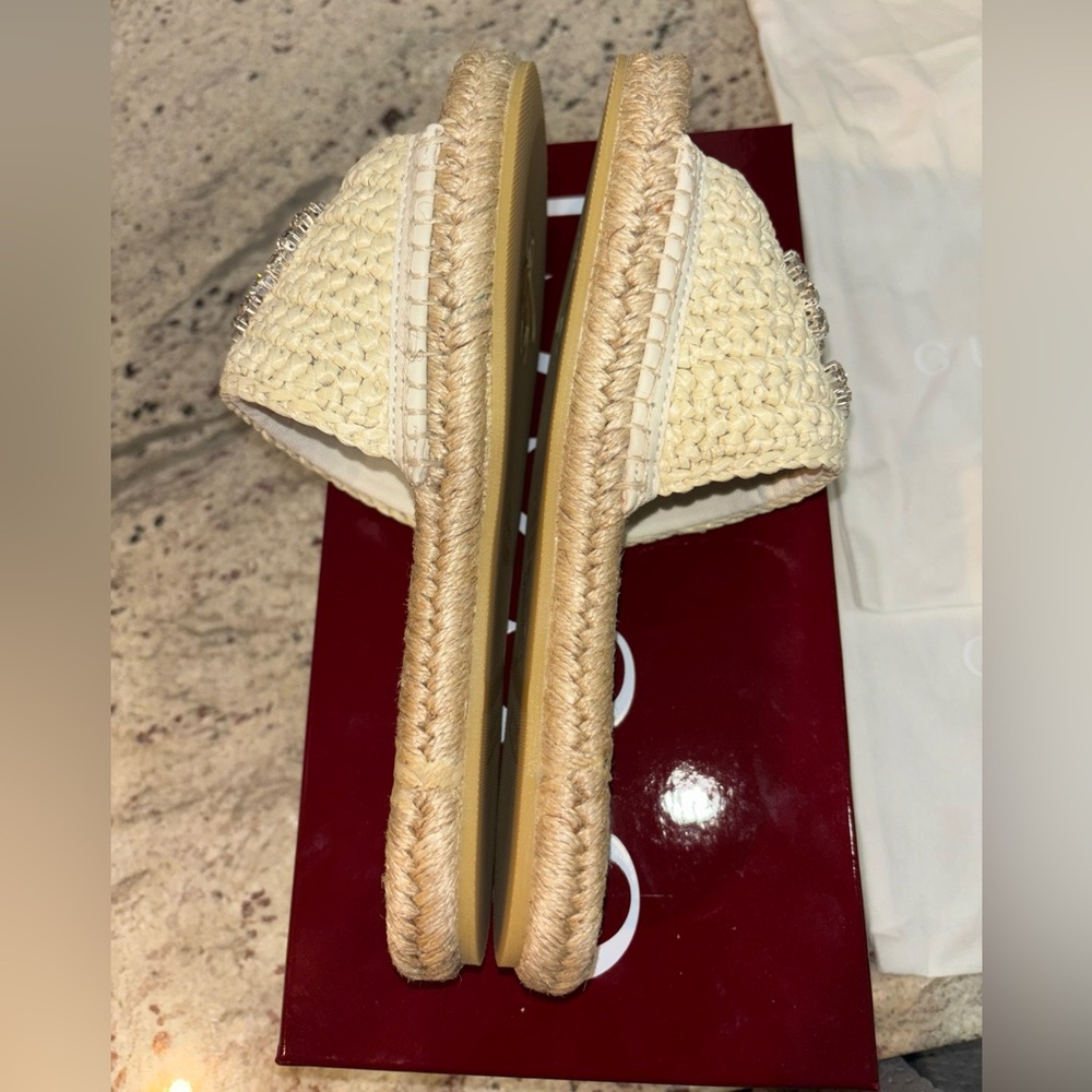 Authentic Gucci Cora Crystal GG Logo Espadrille Slide Sandal Raffia New 10 - Picture 10 of 11
